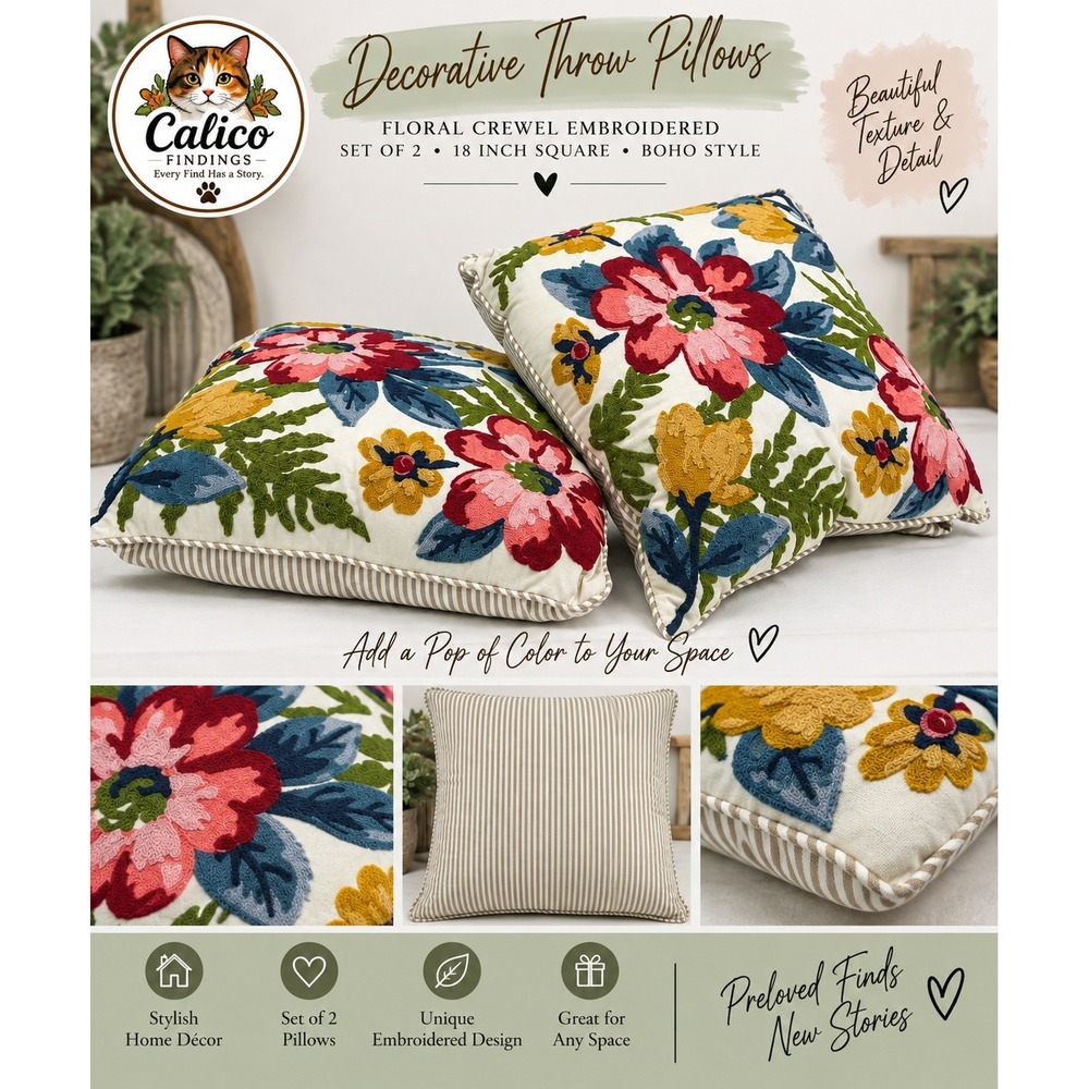 Floral Crewel Embroidered Decorative Throw Pillows Set of 2 Square 18in Boho
